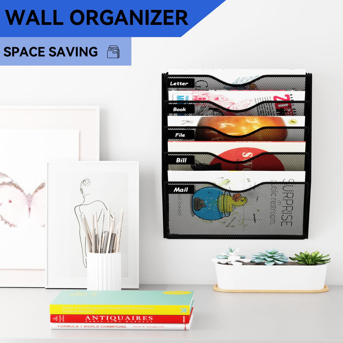 GDINDINFAN 5 Pockets Hanging Wall File Organizer Mail Holder, Wall Mounted Paper Document Folder