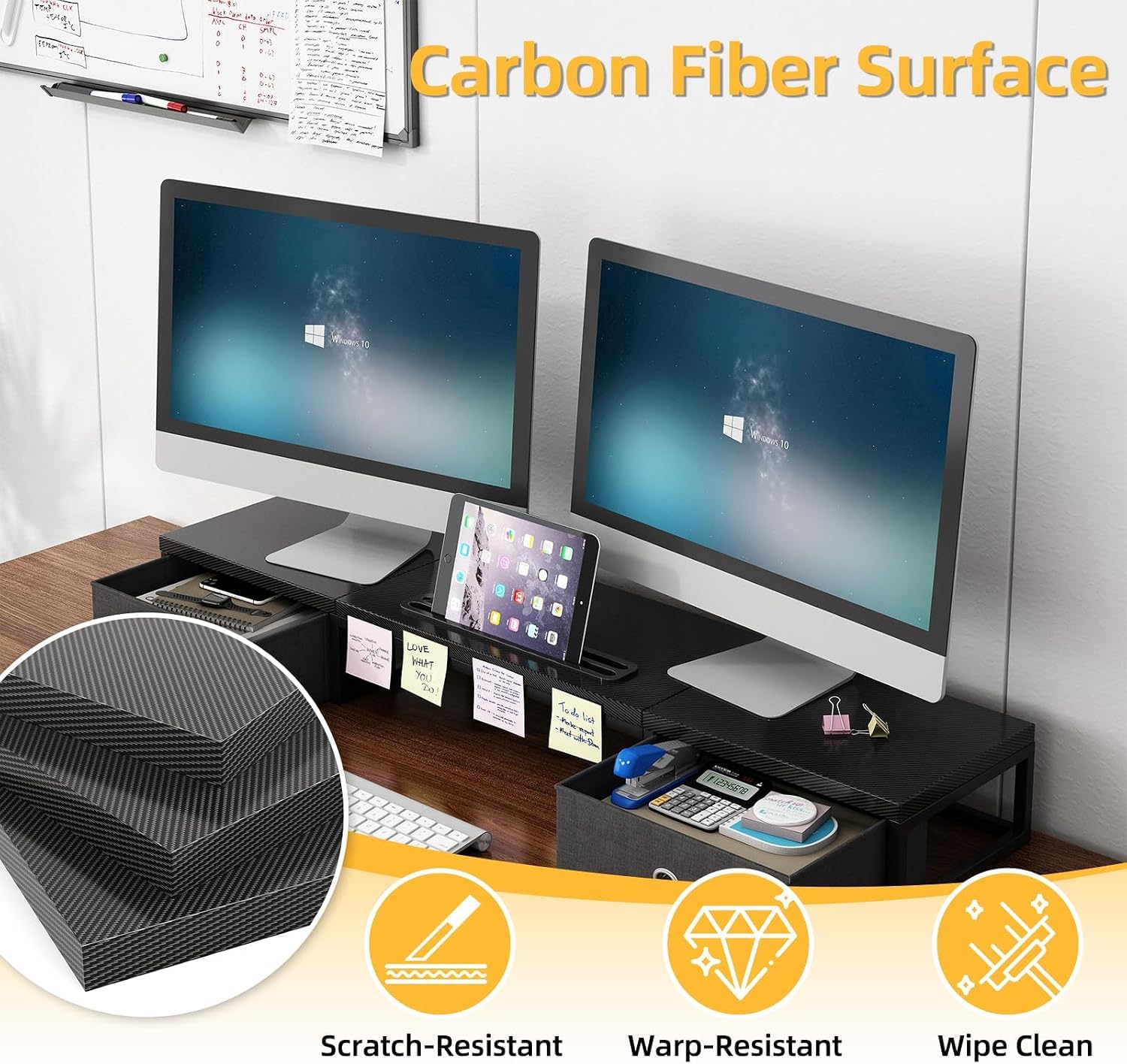 Mexin 39" Dual Monitor Stand Riser with 2 Storage Drawers, Carbon Fiber Computer Desk Organizer for