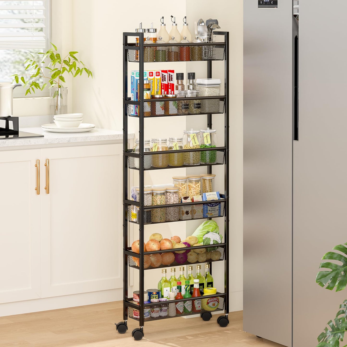 ThreeHio 6 Tier Slim Storage Cart, Narrow Cart with Wheels, Metal Mobile Shelving Unit Organizer