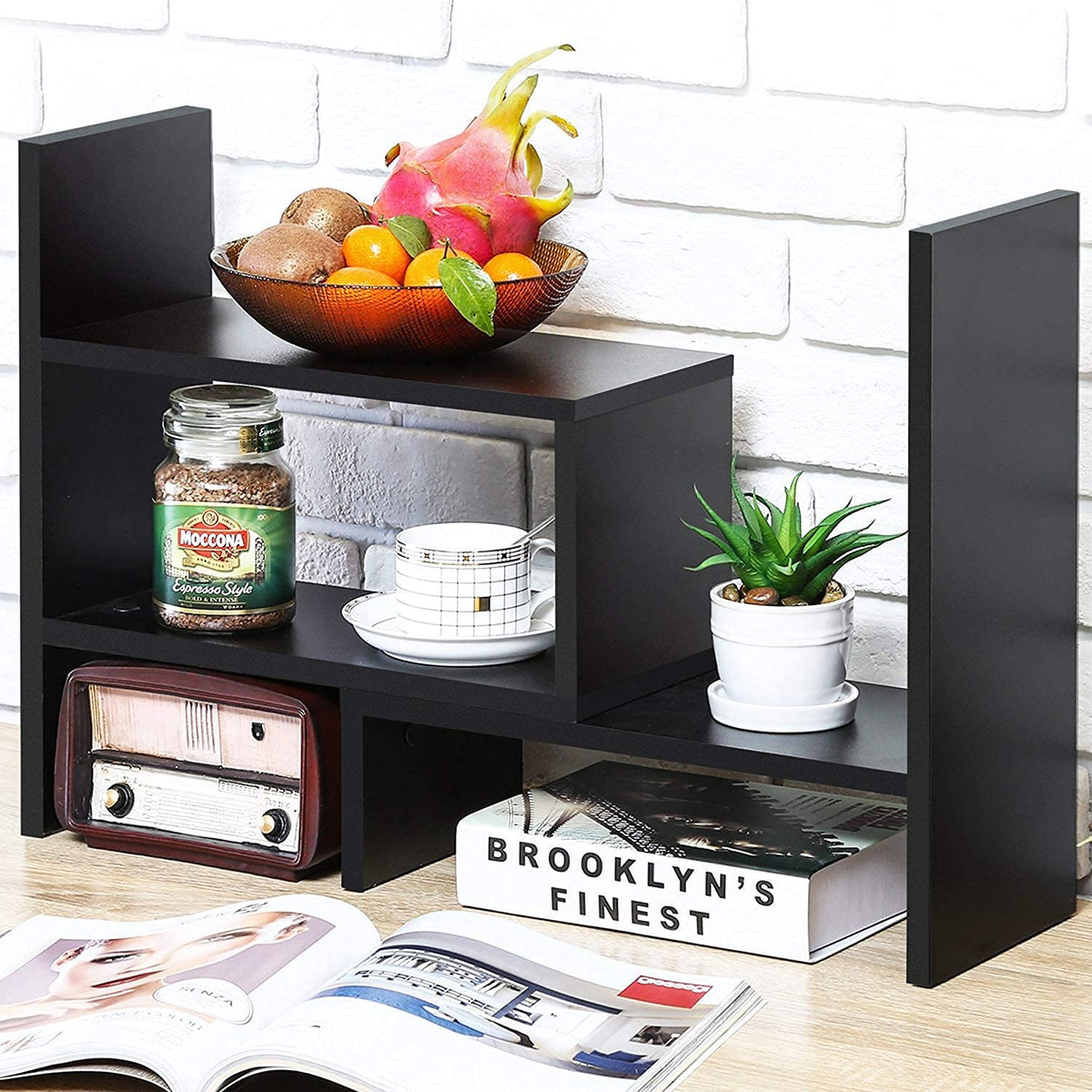 Sorfity Desktop Bookshelf Desk Storage Organizer Adjustable Wood Desktop Display Shelf Rack Counter
