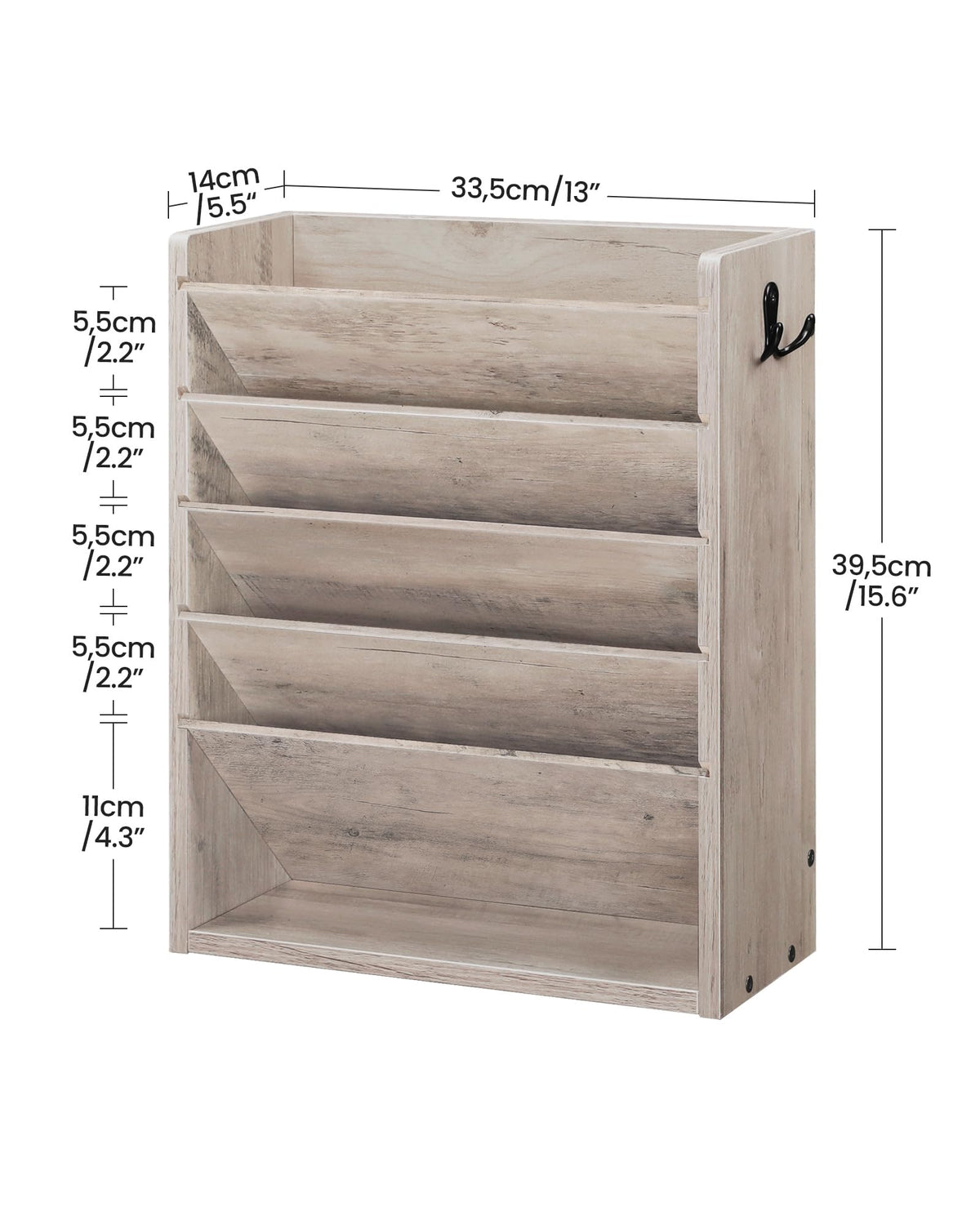 CHOEZON Wall File Organizer, 6-Tier Vertical Mount Hanging Holder with 2 Side Hooks, Modern Wooden