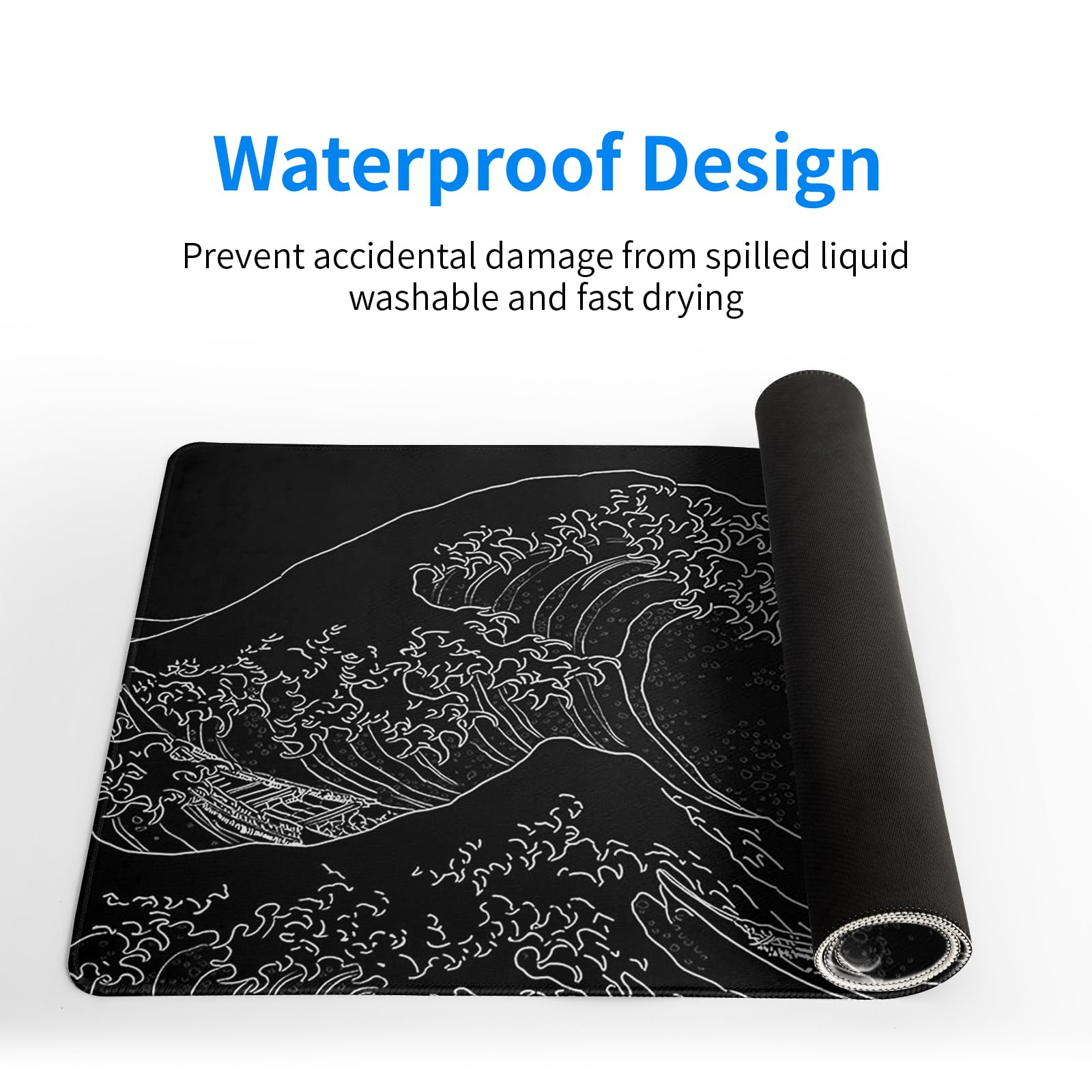 Japanese Gaming Mouse Pad Abstract Black Mouse Pad 31.5x11.8 Inch Black Sea Wave Texture Non-Slip