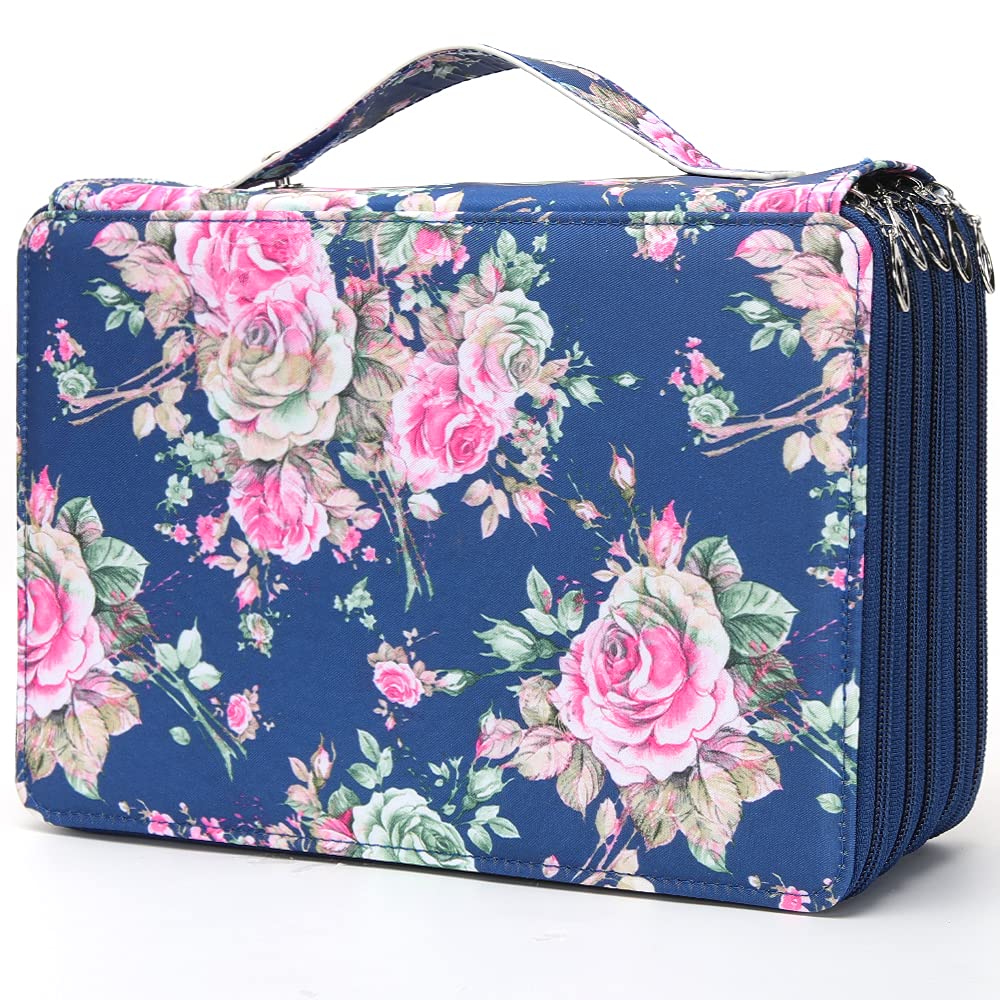 Vomgomfom 252 Slots Pencil Case 5-Layer PU Leather, Handle, Blue Rose