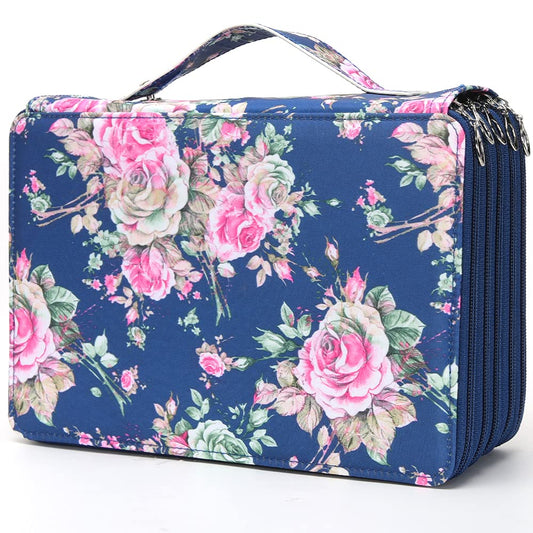 Vomgomfom 252 Slots Pencil Case 5-Layer PU Leather, Handle, Blue Rose