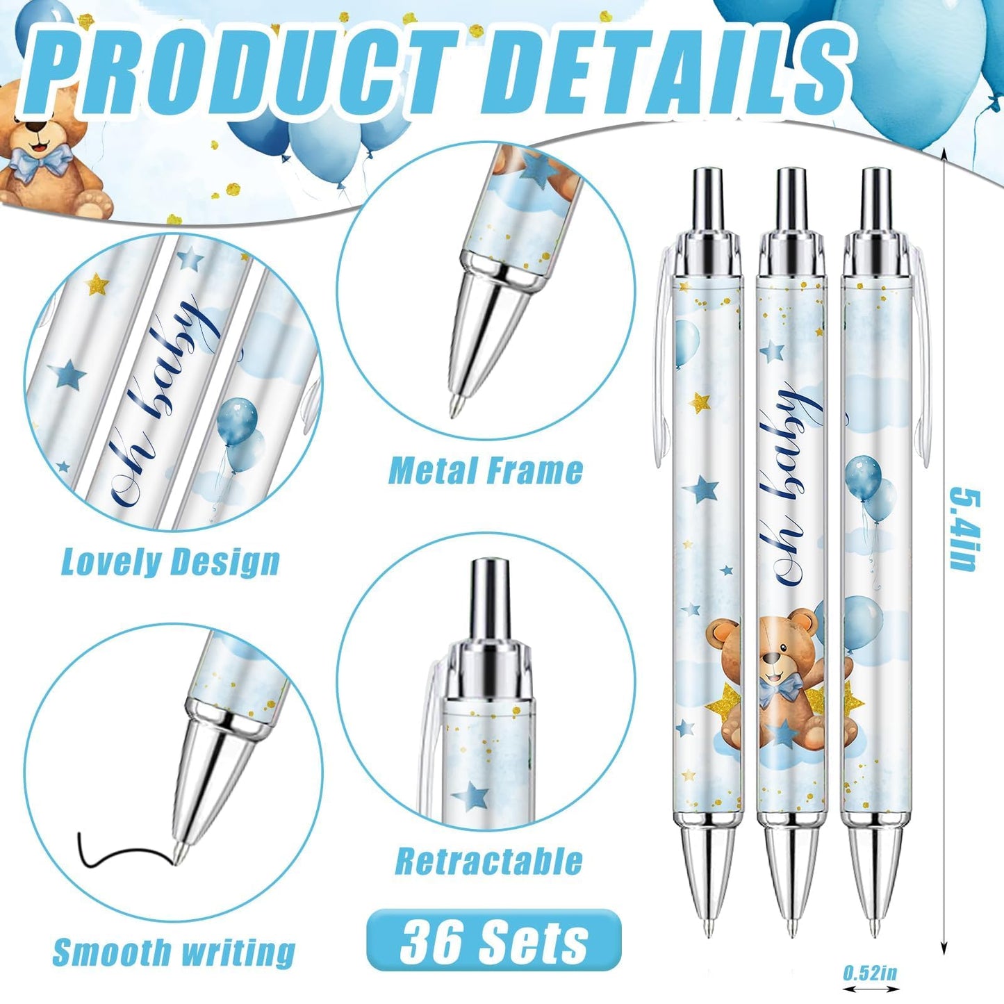145 Pieces Baby Shower Favors for Guest Blue Teddy Bear Ballpoint Pens and Keychains Gifts for Boys