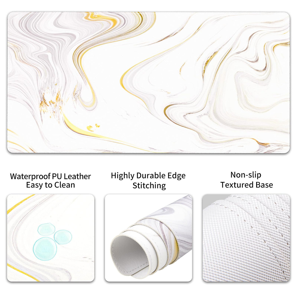 QiyI PU Leather Desk Mat Set, 4-in-1 Ergonomic Wrist Rest, White Marble