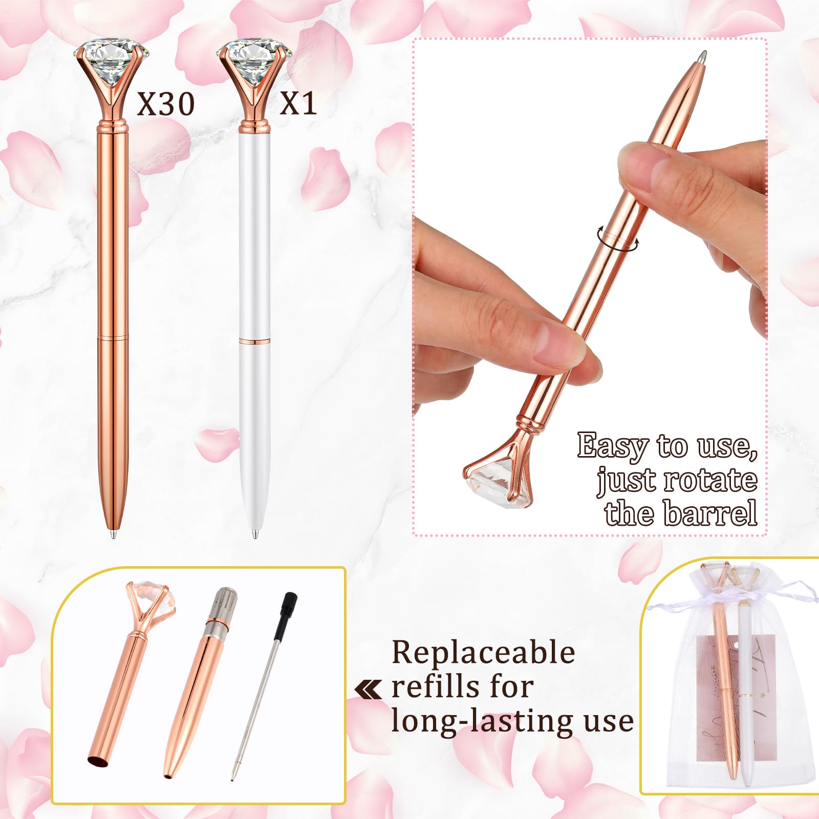 Yeaqee 91 Pcs Bridal Shower Pens Set, Rose Gold, White, Classic Style