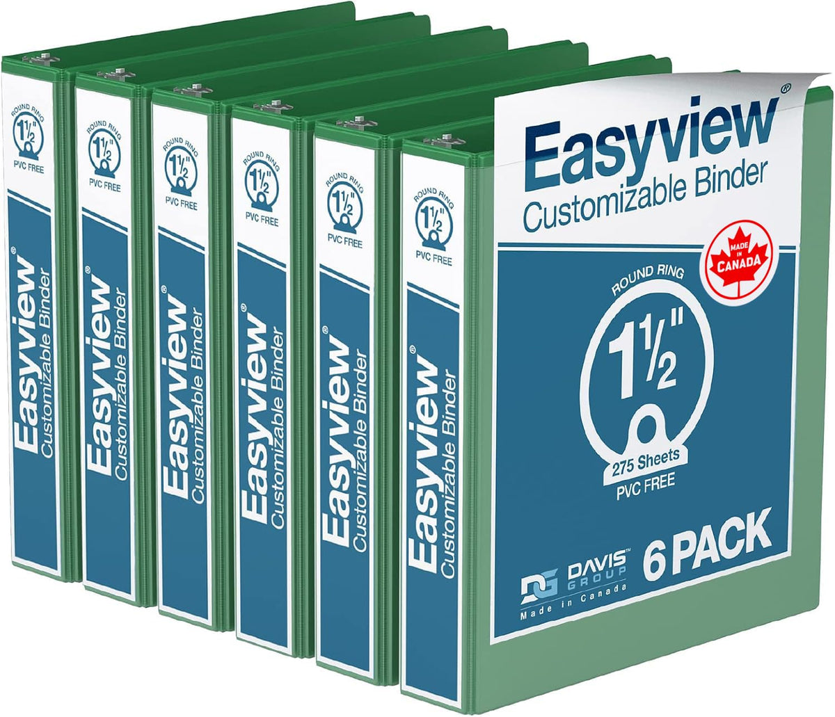Easyview 3-Ring Binder, Clear-View Cover, 1.5" Round Rings, Green, 6 Pack