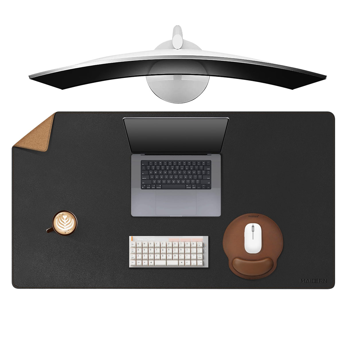 MAIDERN 40' x 16' Cork & Leather Desk Pad, XXL Reversible Gaming Home Office Mat (Black)