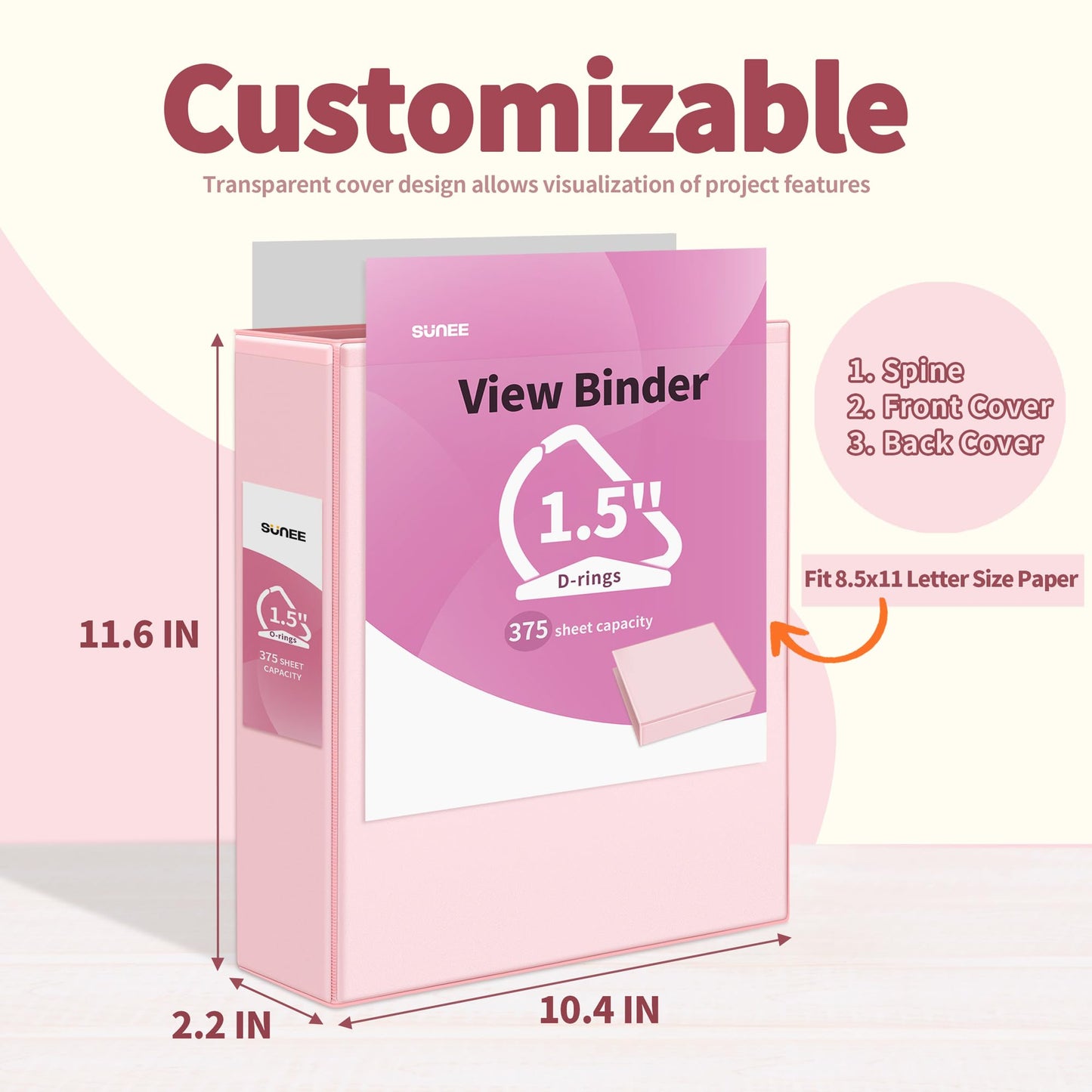 SUNEE 3 Ring Binder 1.5 Inch D Ring, Clear View Binder Three Ring PVC-Free (Fit 8.5x11 Inches) for