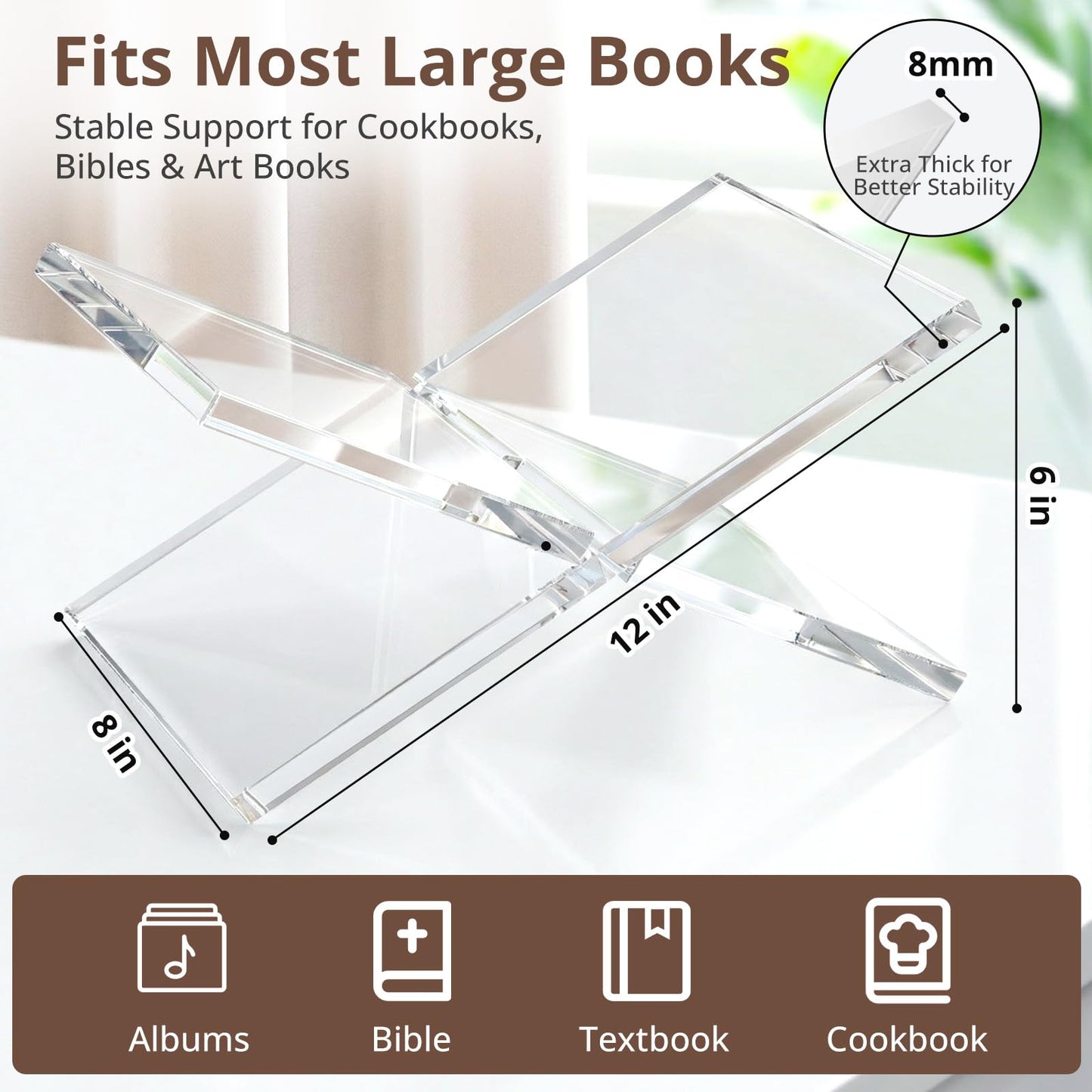 Acrylic Book Stand 12×8×6, Clear 8 mm Thick Book Holder & Display Stand for Cookbooks, Bibles, Art