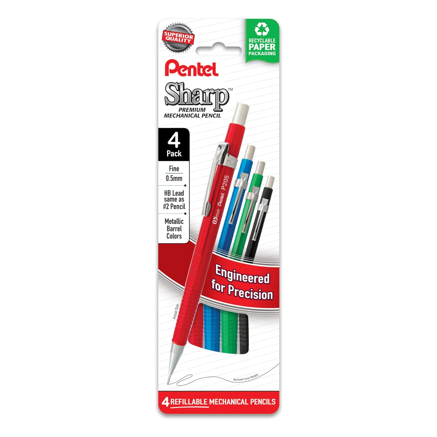 Pentel Sharp Metallic Mechanical Pencil, (0.5mm), Fine Line, Assorted Colored Barrels, Pack of 4