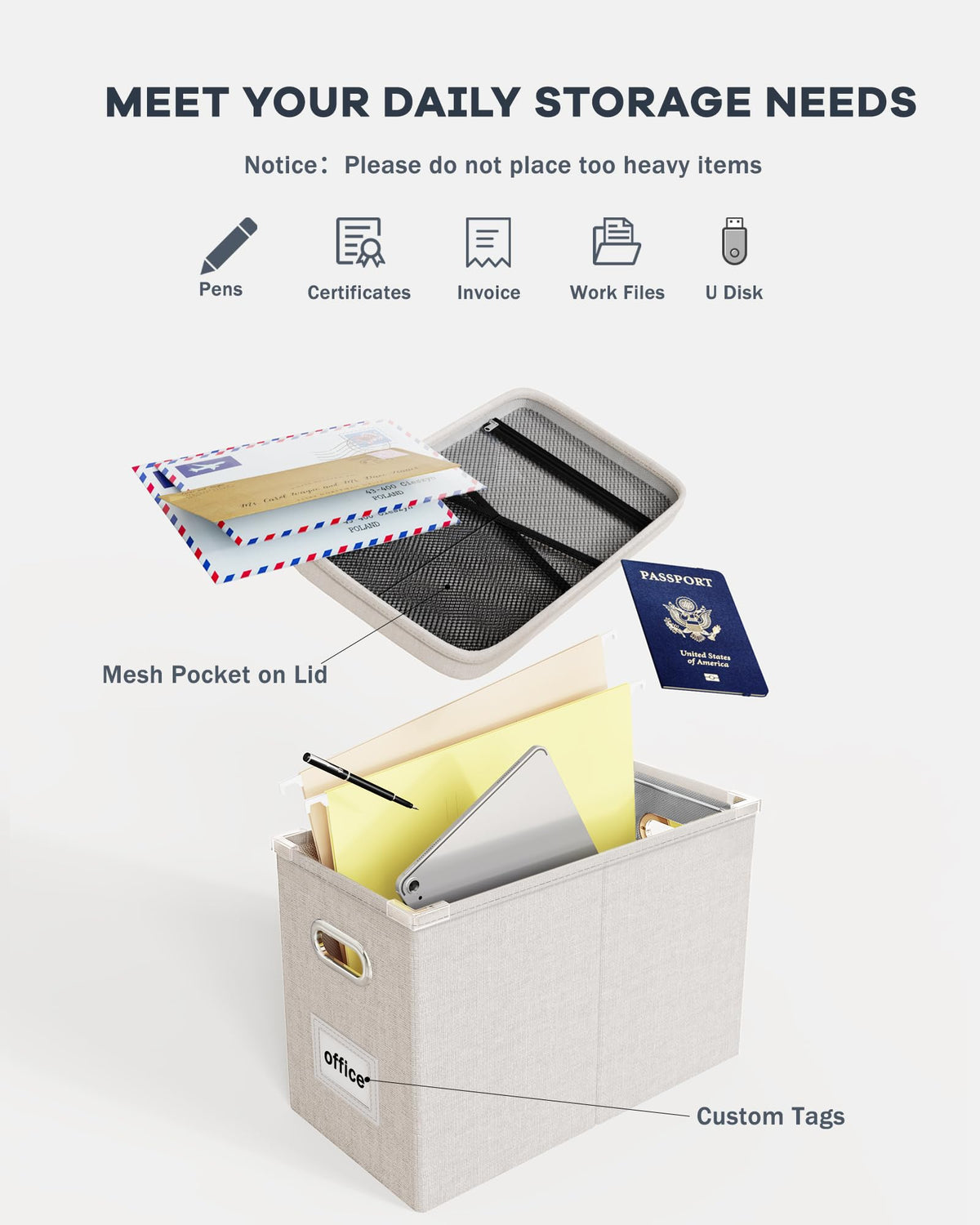 Oterri File Organizer Box with Lid, Hanging Filing File Box with Mesh Pocket, Document Organizer