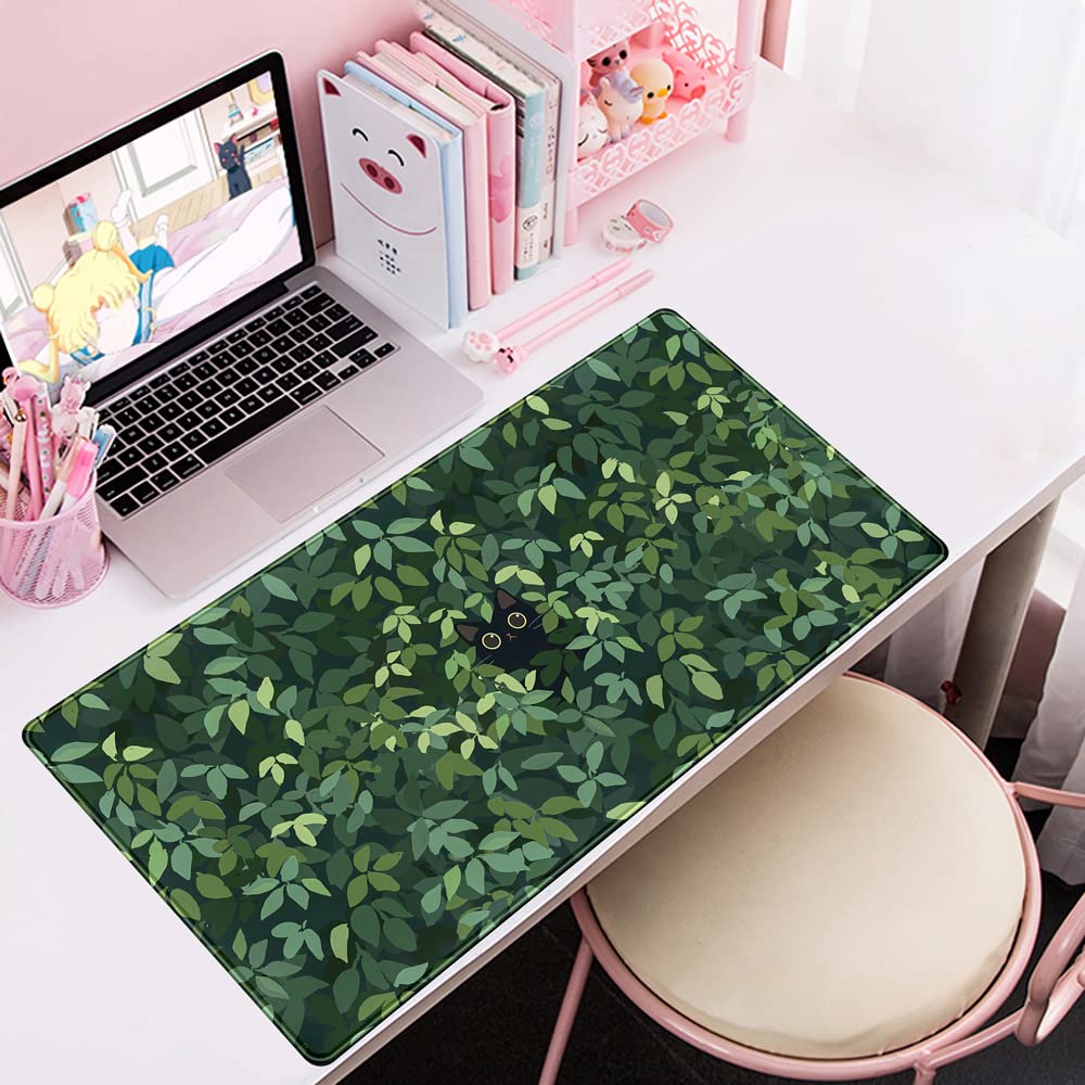 Cute Cat Desk Mat Kawaii Green Desk Pad - Large Gaming Mouse Pad Laptop Mat