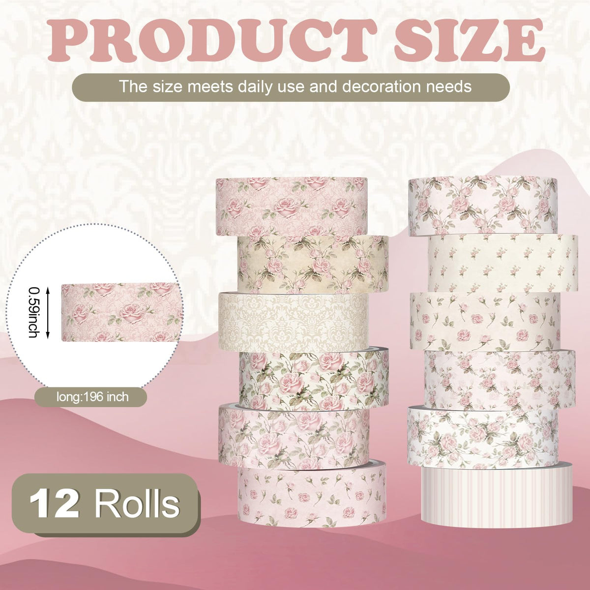 YooNotee 12 Rolls Floral Washi Tape Set,Dusty Pink,Rose