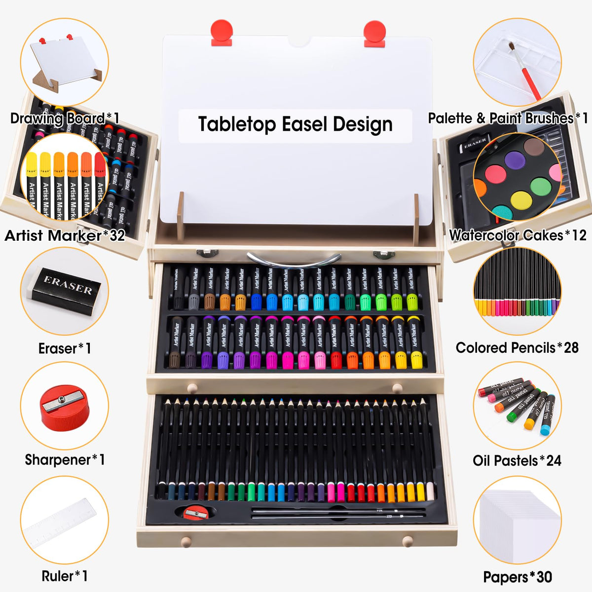 VigorFun Art Supplies, Wooden Art Set Crafts Drawing Kit with Drawing Easel