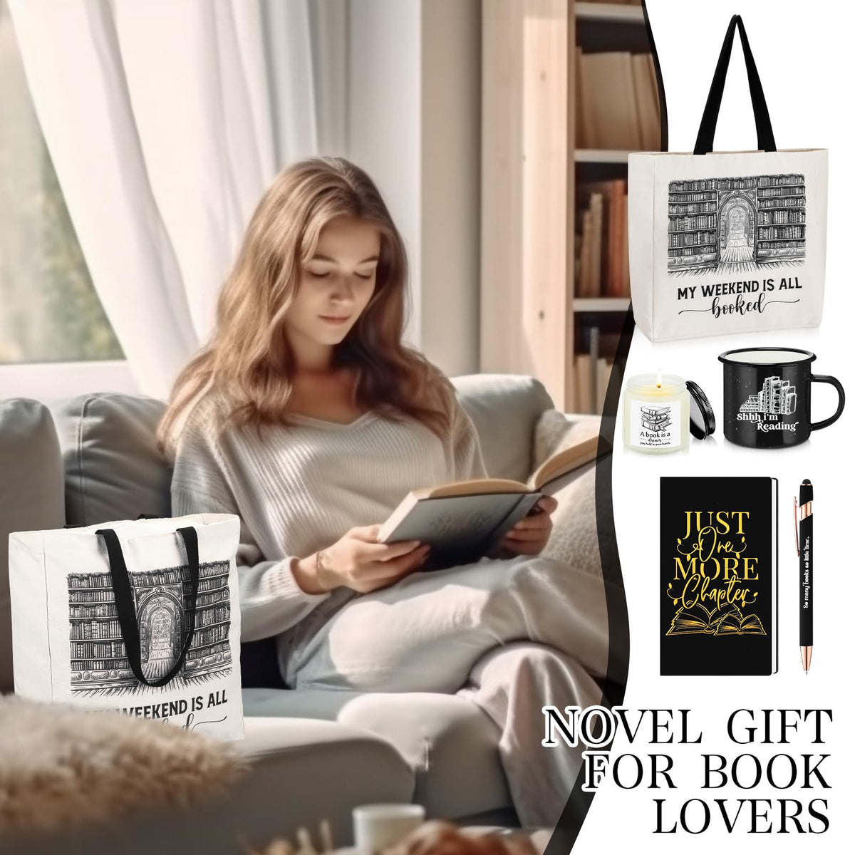 Jetec 5 Piece Book Lovers Set, Canvas Tote Bag Notebook, Candle, Black