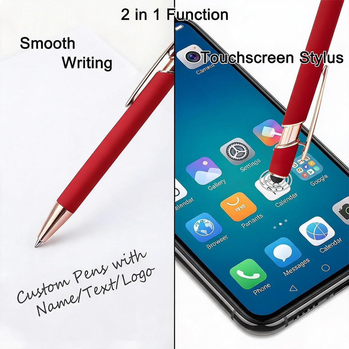 HEYZARDA Personalized Pens Ballpoint with Stylus, Red, 10 Pcs