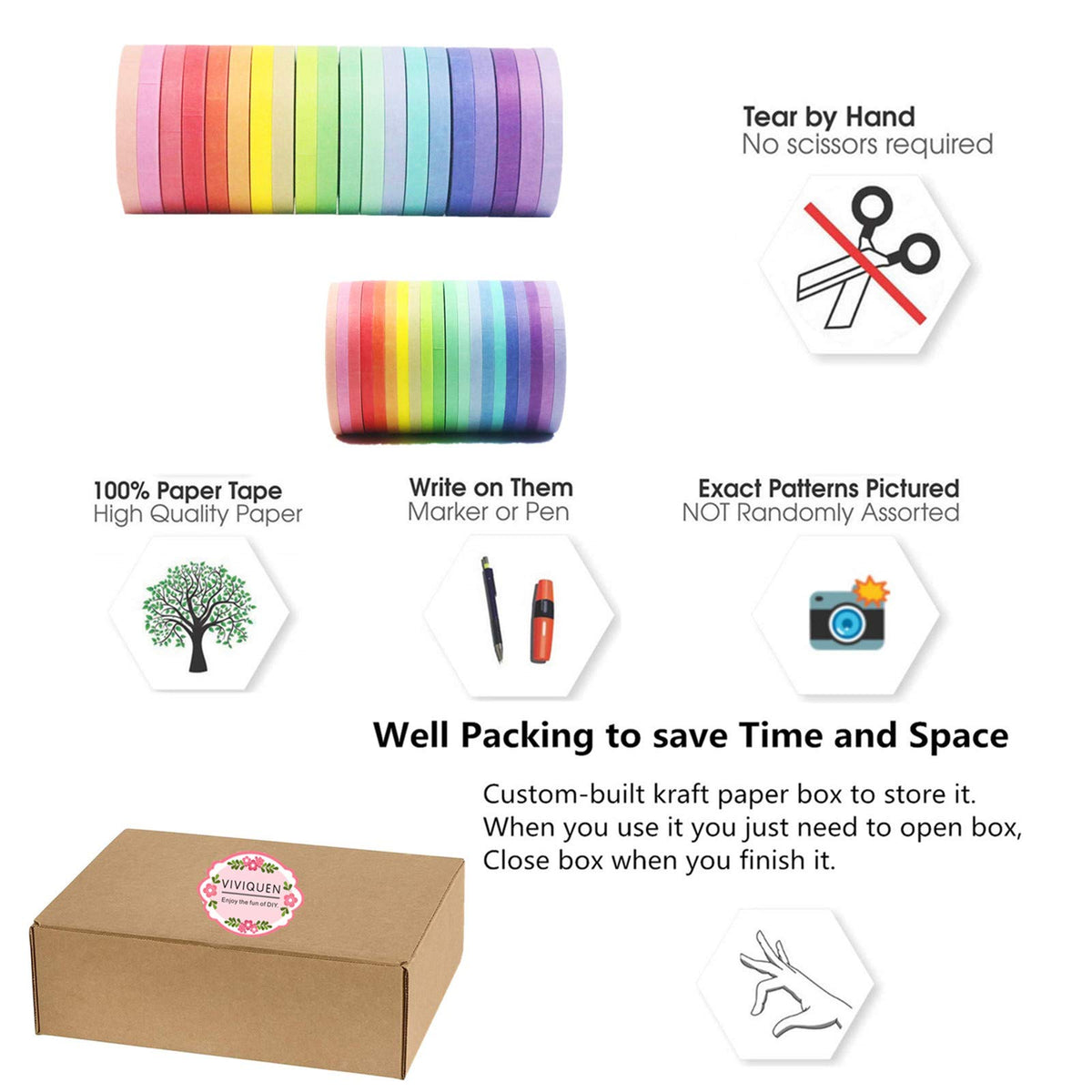 VIVIQUEN Washi Tape Set 40 Rolls Masking Tape Pack Colorful Decorative Thin Tapes Fit DIY