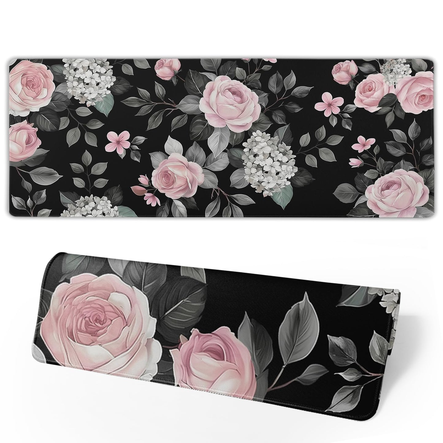 Floral Extended Gaming Mouse Pad Non-Slip Rubber Base Black Large Mousepad 35.4×15.7in with