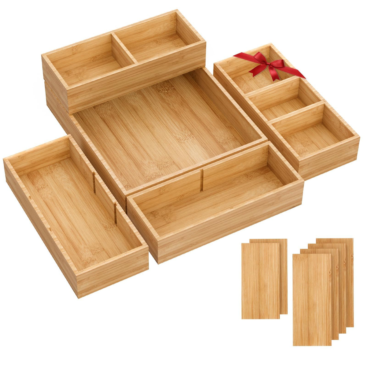 Bamboo Drawer Organizer, 5-Piece Stackable Trays with Removable Dividers