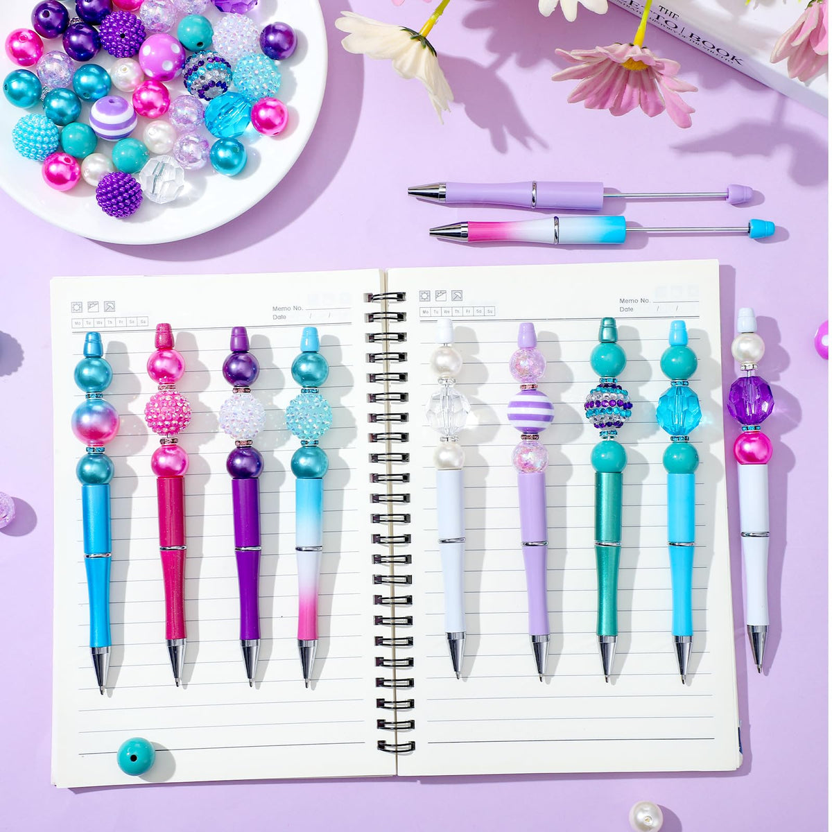 Cholemy 24 Sets Assorted Beads Plastic Beadable Pens, Stylish