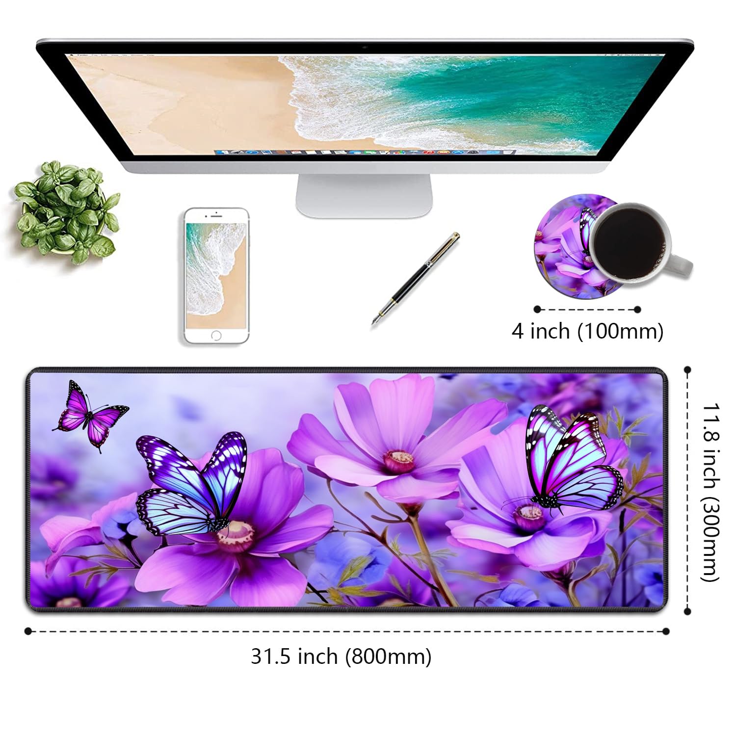 Desk Pad Mat Gaming Mouse Pads with Coasters, 31.5"x 11.8" XXL Large Gaming Mouse Mat Desk Pad with