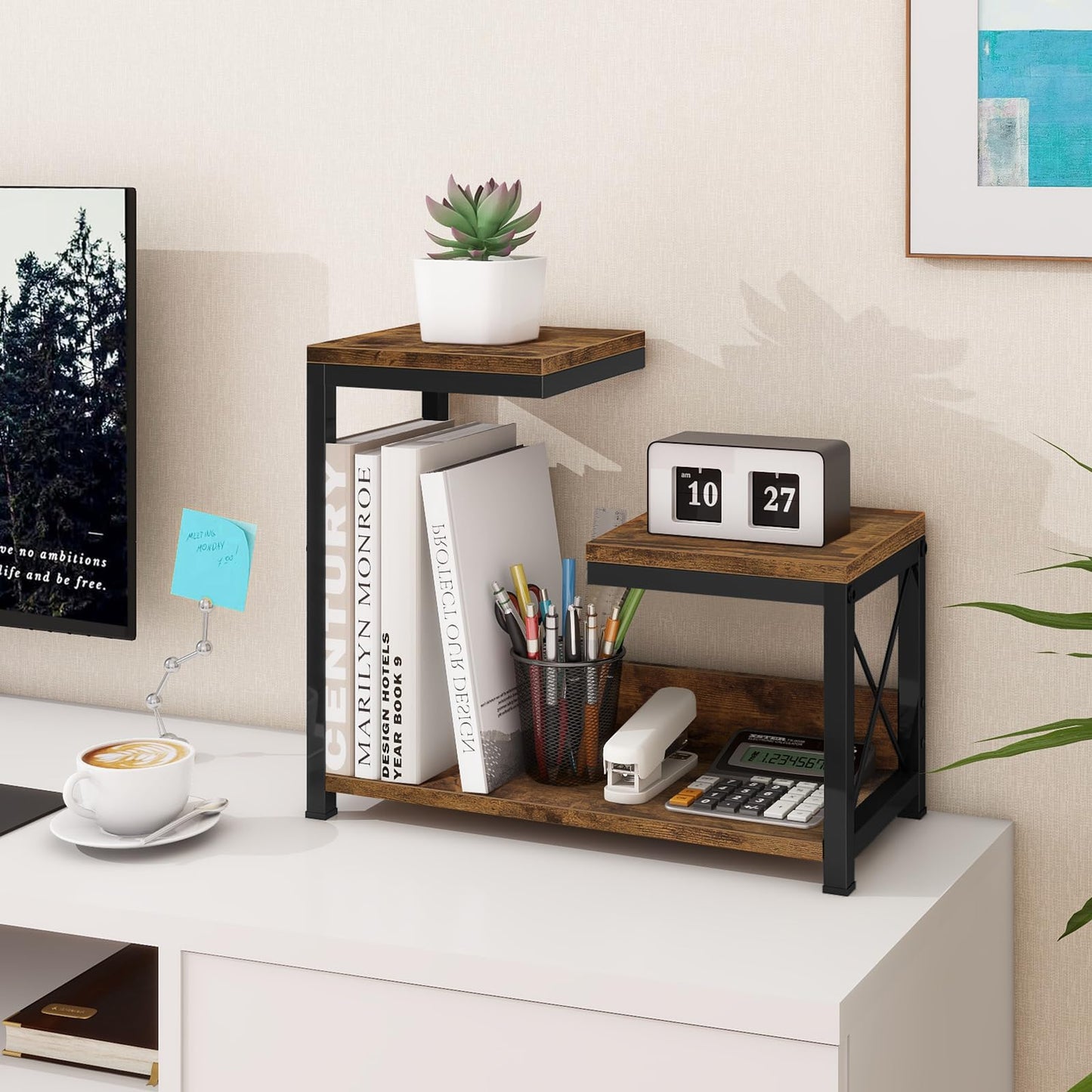 ELITEROO Desktop Shelf Organizer, 3 Tier Office Shelves, Wood Desk Organizers Storage Rack and