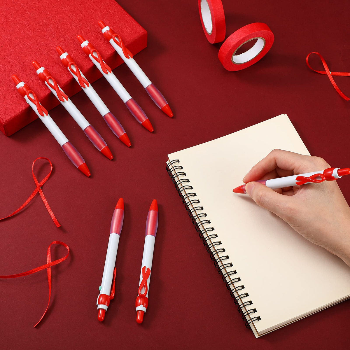 Yexiya 100 Pcs Heart Disease Awareness Pen Red Ribbon Pen Bulk, Black Ink