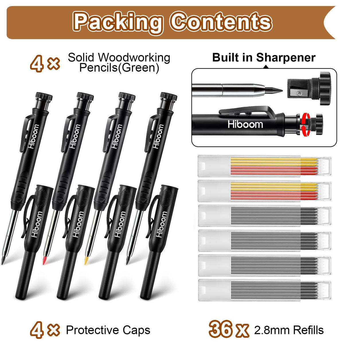 Hiboom 4 Pack Carpenter Pencil with 36 Refills Built In Sharpener (Black)