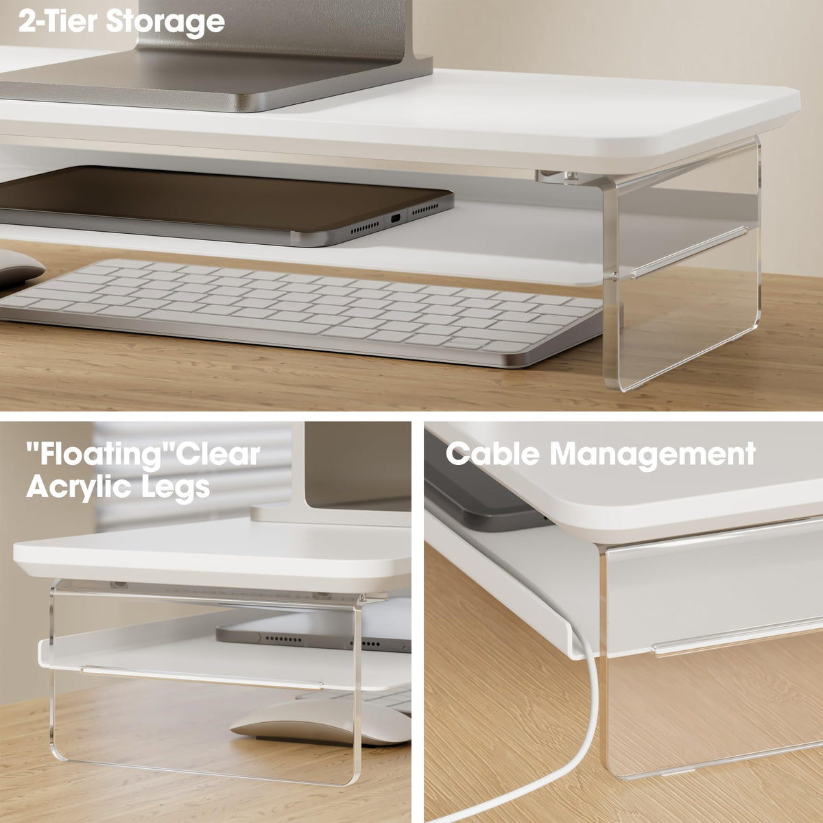 Fenge 23.6" Monitor Stand with Clear Acrylic Legs, White