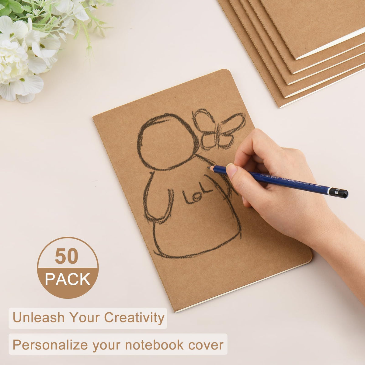 ZCZN 50 Pack A5 Kraft Notebooks Bulk, 8.15x5.5 Inches Lined Paper Journaling Notebooks, Notebooks