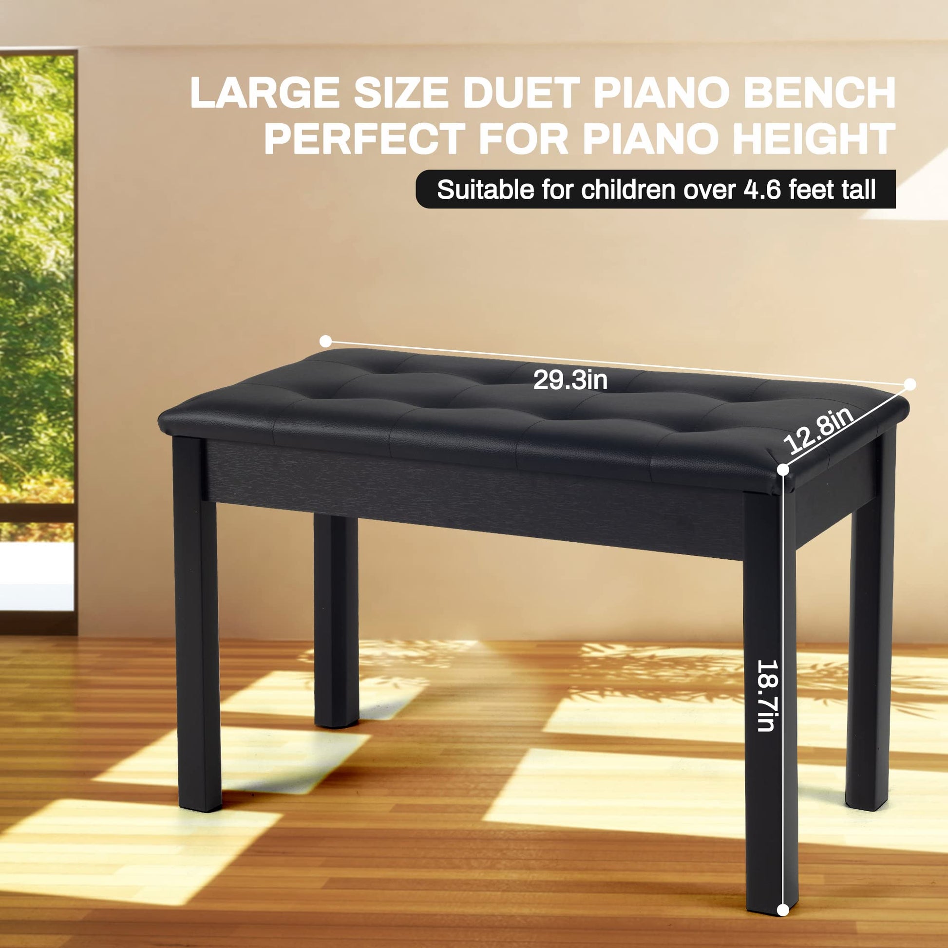 Wooden Duet Piano Bench with Padded Cushion and Storage Compartment, Black