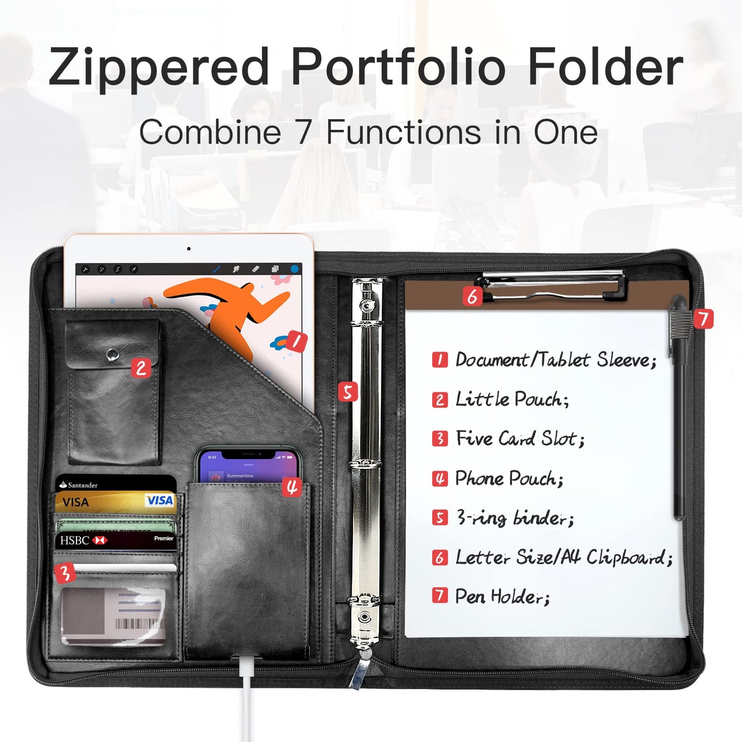 WRIYES Zippered Portfolio Organizer with 3 Ring Binder, Black
