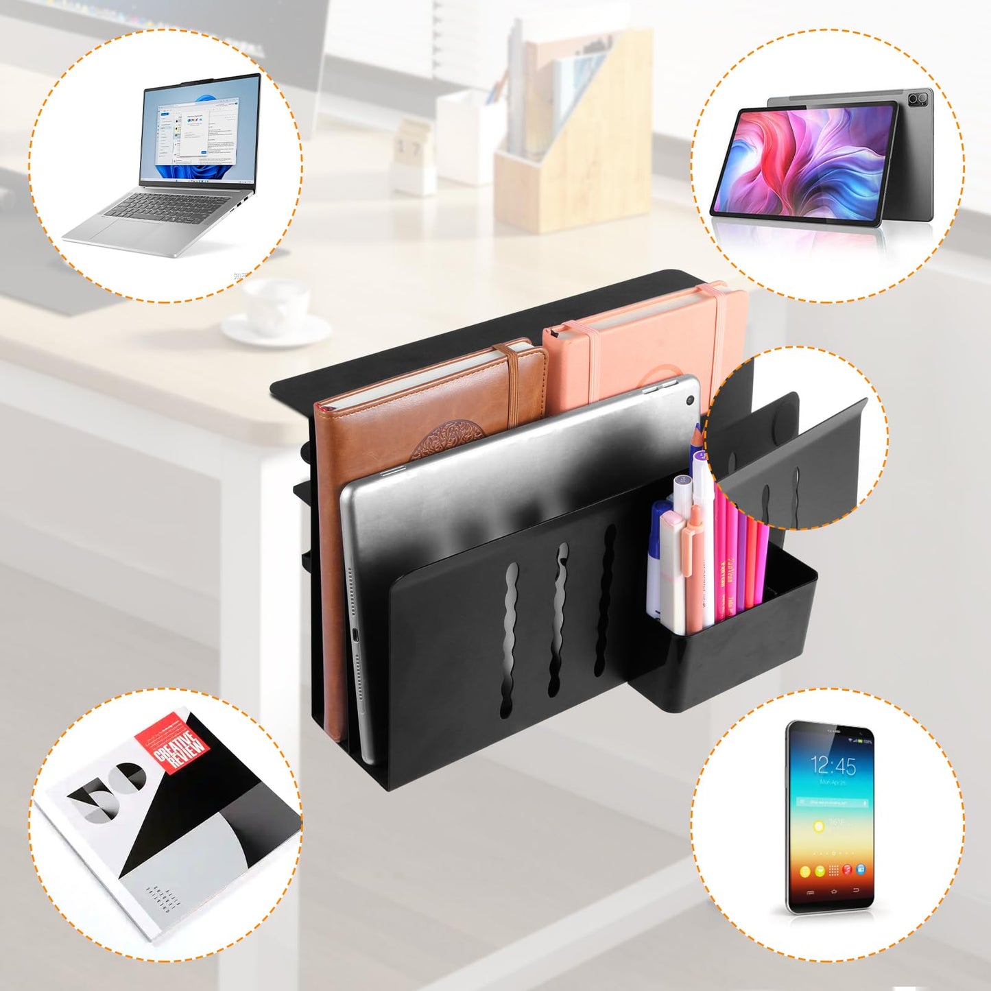CIBOTIES Desk Side Storage, 2 Tier Steel Hanging Organizer, No Drill Side Desk Organizer, Laptop