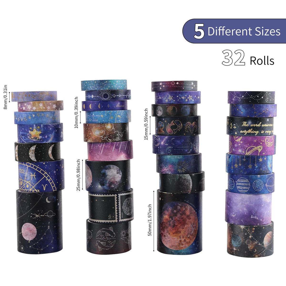 32 Rolls Washi Tape Set, Gold Foil Galaxy Decorative Masking Tape Constellation, Stars, Celestial