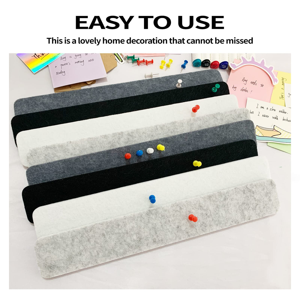 8 Pcs Black White Grey Felt Pin Board Bar Strips Bulletin Board ，Self-Adhesive Bulletin Board Bar
