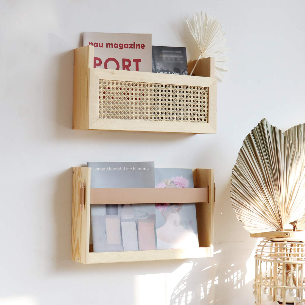 FIRADE Wood Magazine Wall Rack with PE Rattan Grid,Size 17.3" x 4" x 9.4",File Holder For