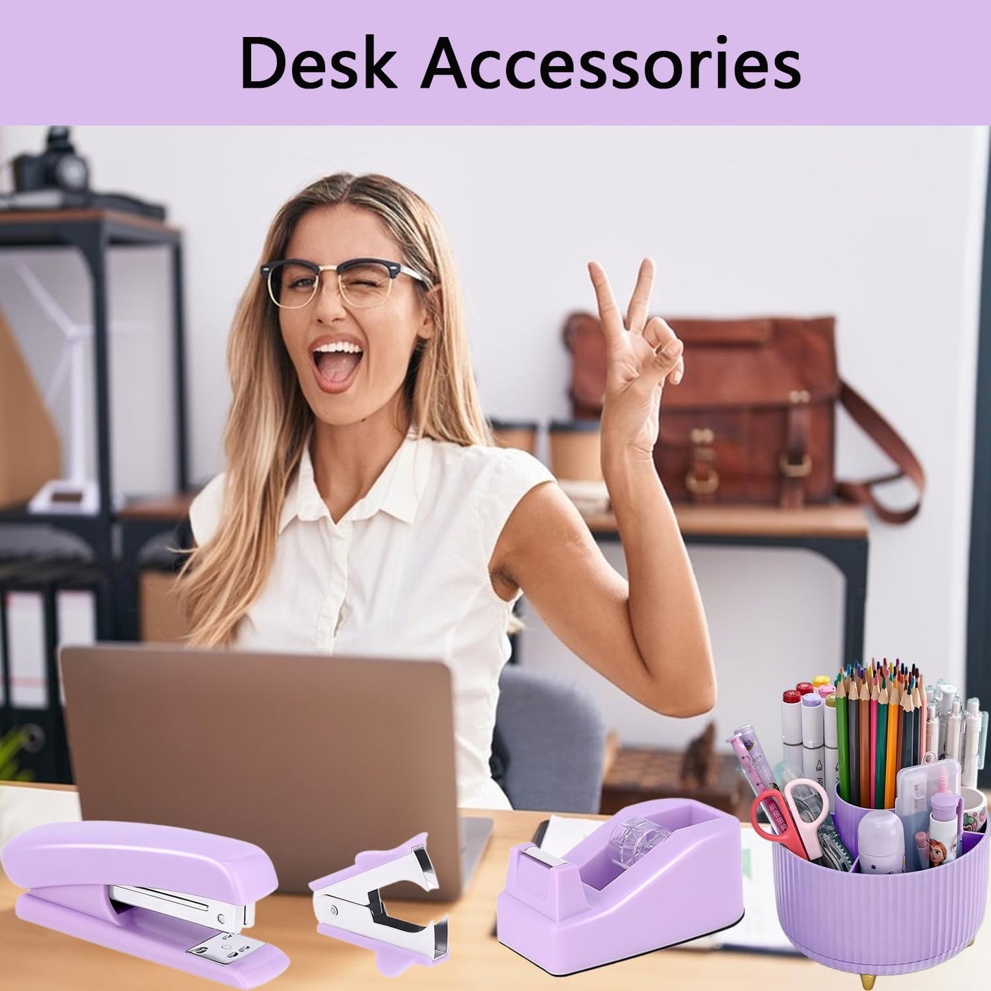 Office Supplies,Purple Desk Accessories,Office Supplies Set,Desk Organizer,Stapler,Tape