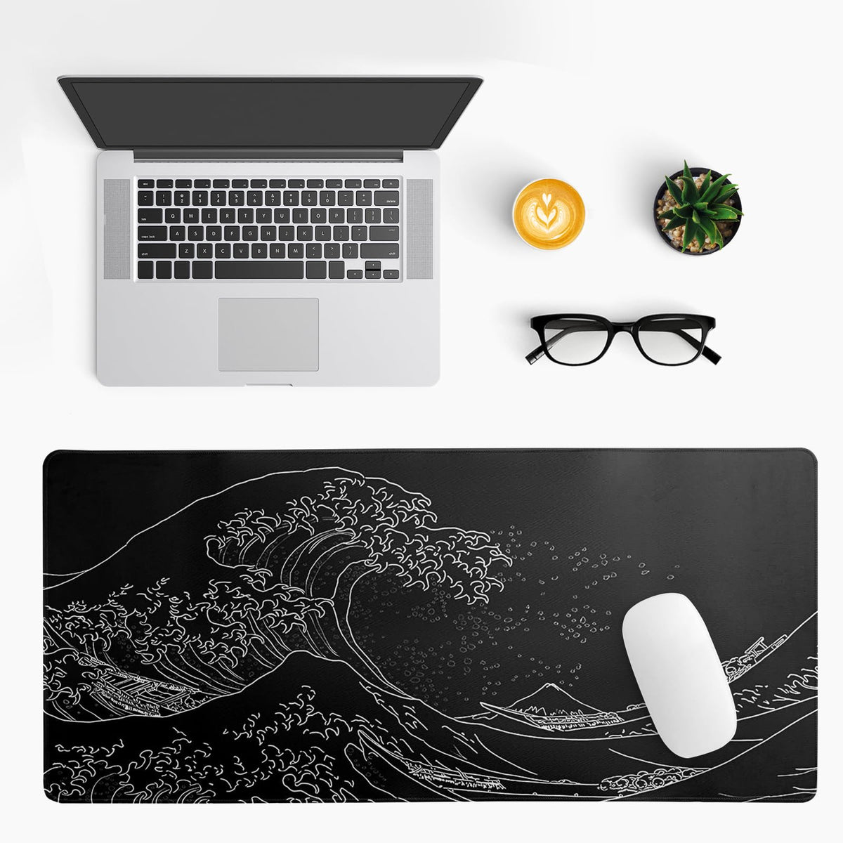 Japanese Gaming Mouse Pad Abstract Black Mouse Pad 31.5x11.8 Inch Black Sea Wave Texture Non-Slip