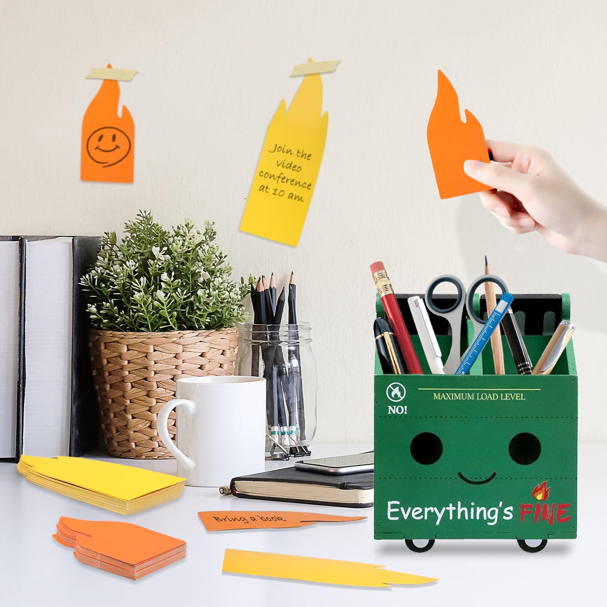 PUNICA 2 Set Dumpster Fire Pencil Holder with 100 Pcs Flame Note Cards, Funny Office Desk