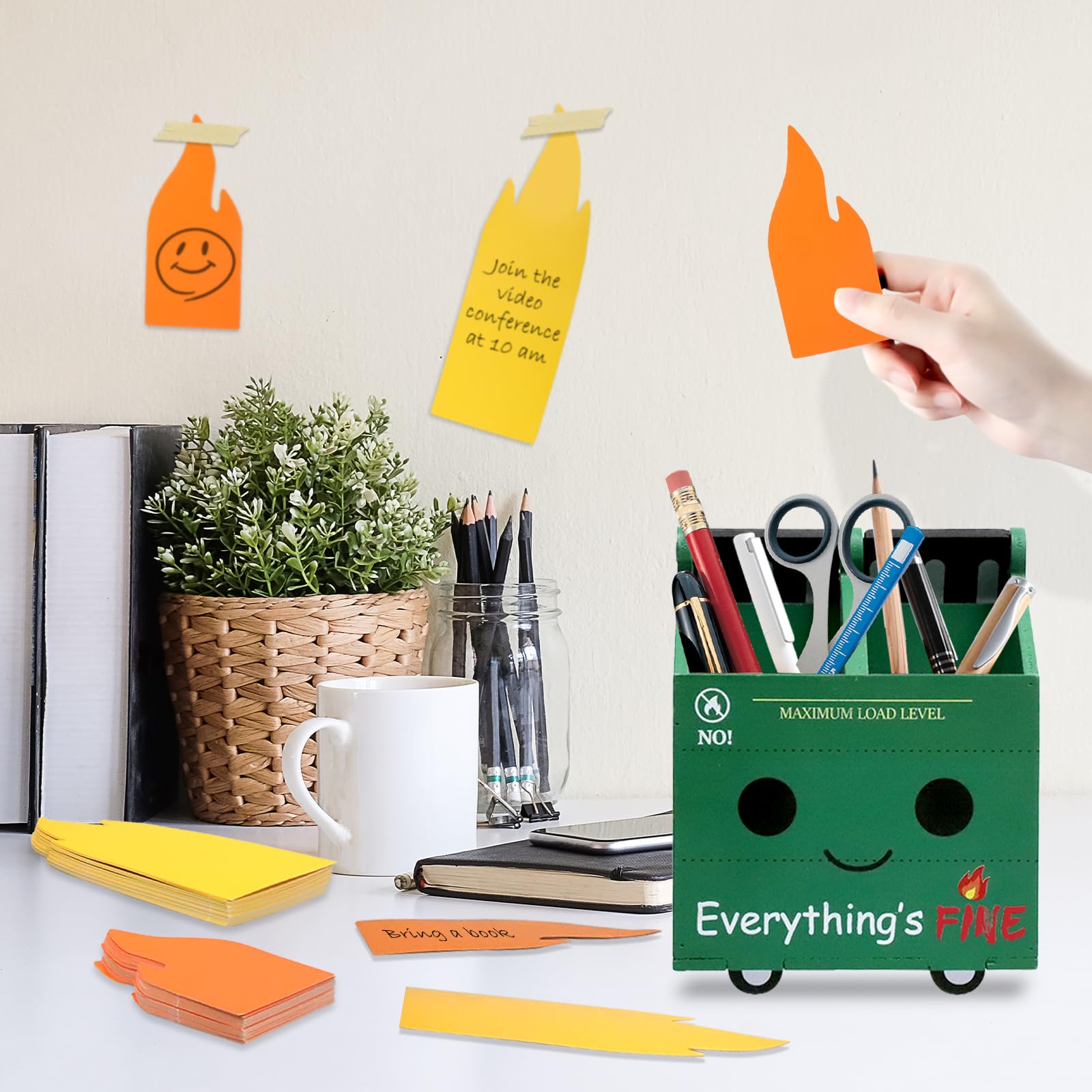 PUNICA 2 Set Dumpster Fire Pencil Holder with 100 Pcs Flame Note Cards, Funny Office Desk
