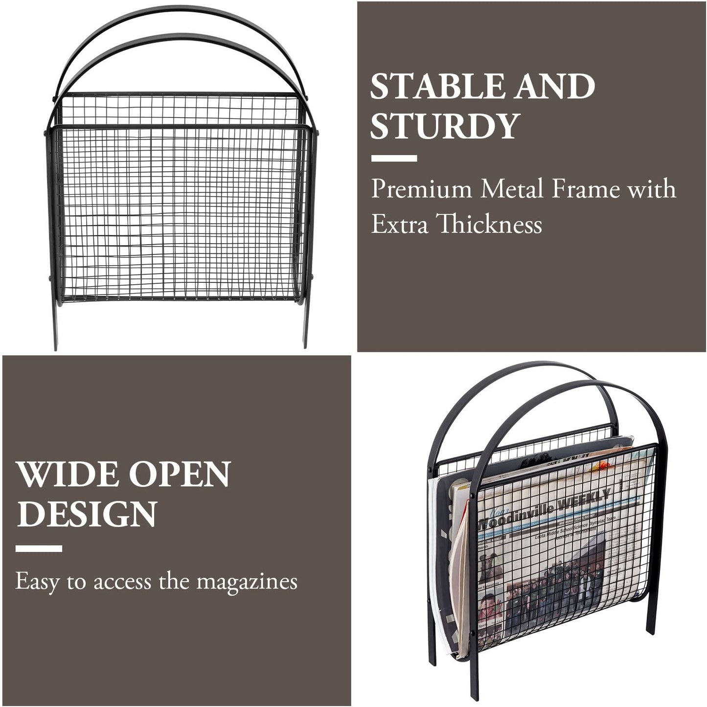 MyGift Mid-Century Design Magazine Rack, Matte Black Tone Metal Mesh Freestanding Magazine