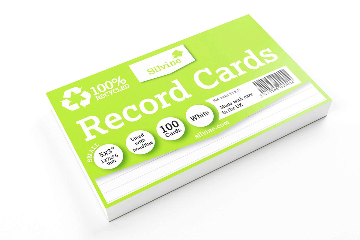 Silvine 5x3 100% Recycled Flash Cards - Lined (100 Cards) White