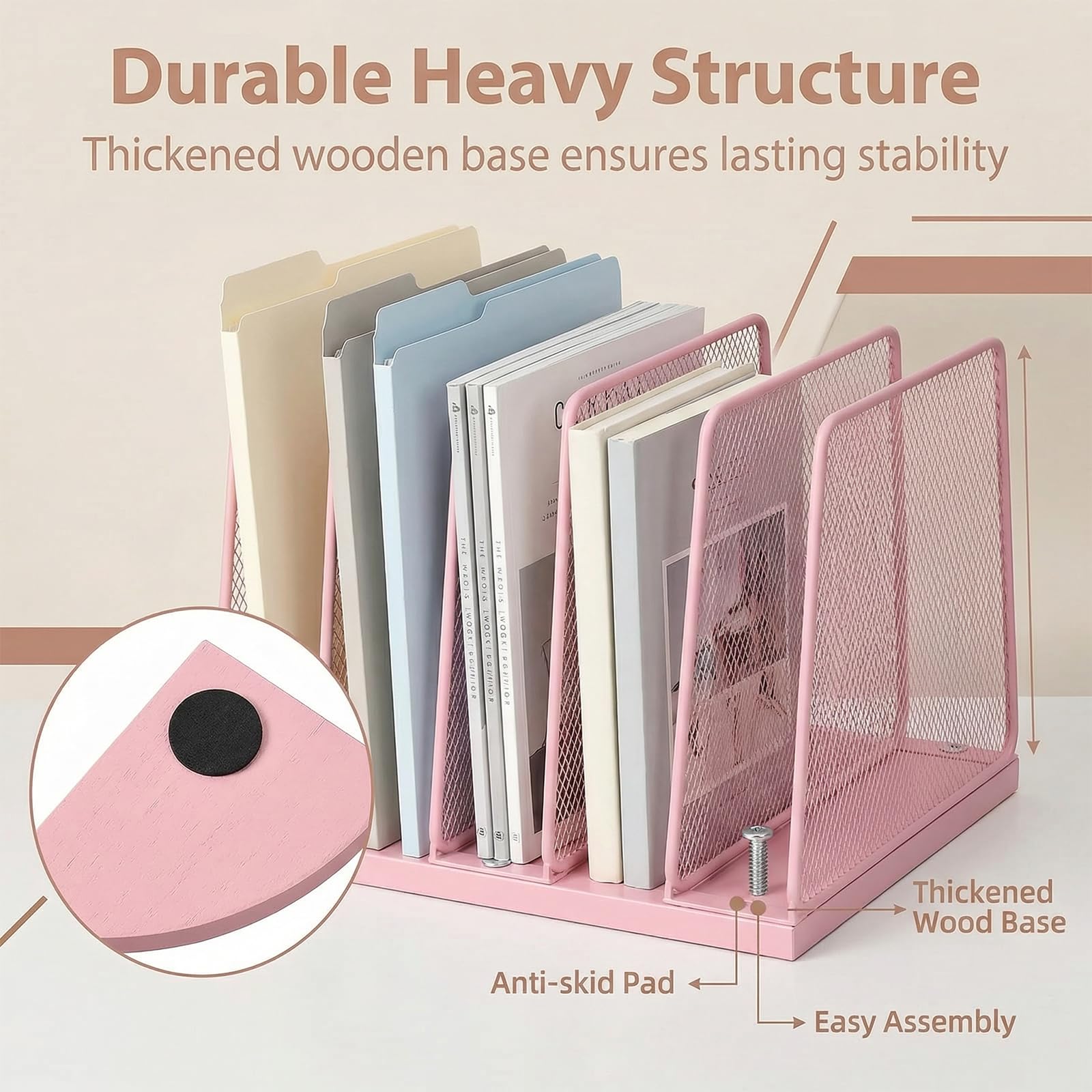 Becomrock 5-Section Vertical File Organizer for Desk, Sturdy Wood Base & Metal Mesh Desktop File