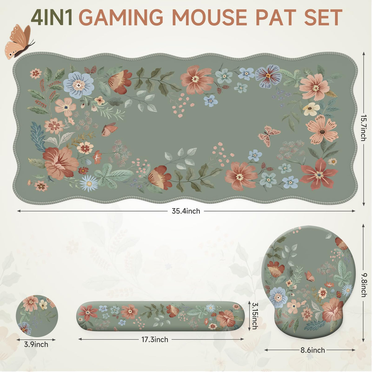 iLeadon Mouse Pad Set and Keyboard Wrist Rest, Floral Scalloped Desk Mat
