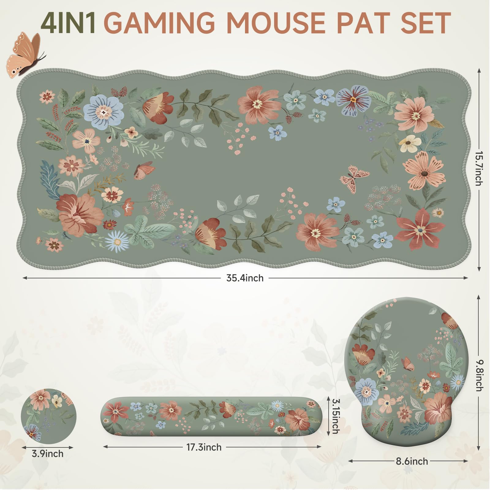 iLeadon Mouse Pad Set and Keyboard Wrist Rest, Floral Scalloped Desk Mat