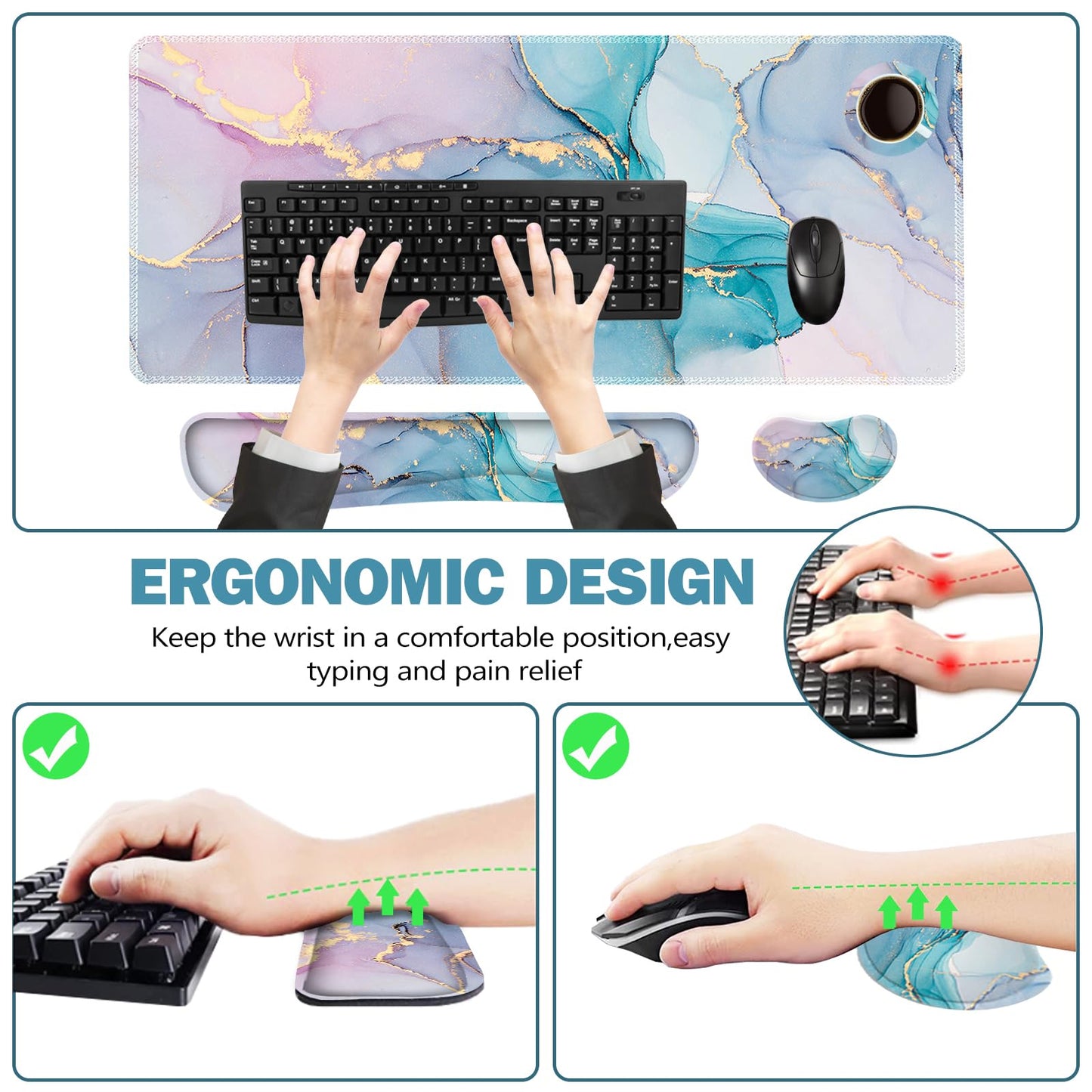 ToLuLu Extended Gaming Mouse Pad, Memory Foam Ergonomic Keyboard Mouse Wrist Rest Support Set