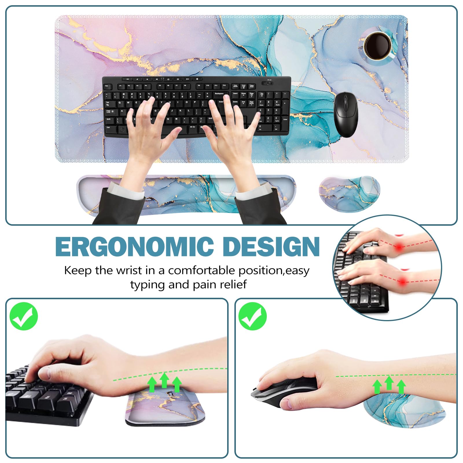 ToLuLu Extended Gaming Mouse Pad, Memory Foam Ergonomic Keyboard Mouse Wrist Rest Support Set