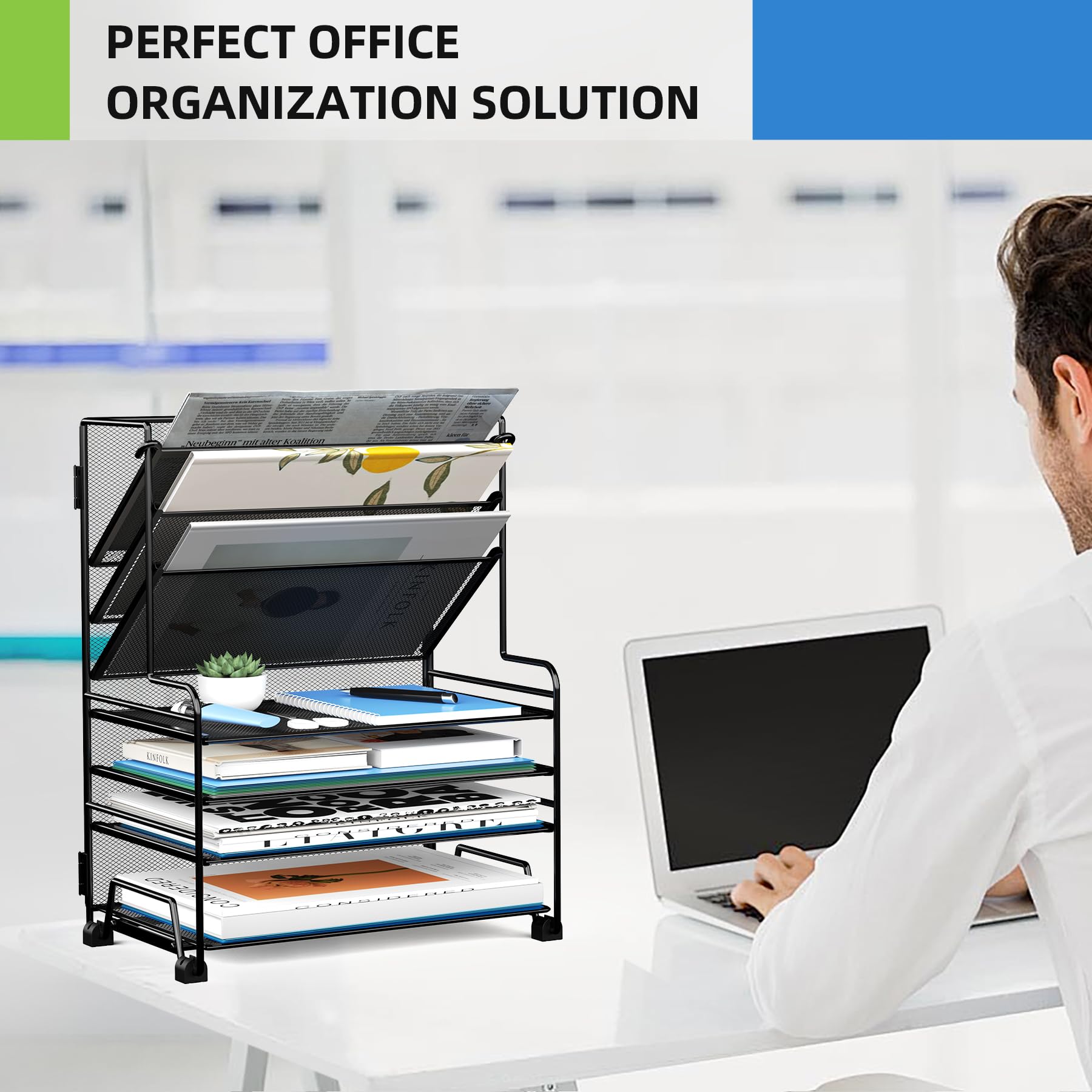 MINDEPOT 4-Tier Paper Organizer + 3-Pocket File Holder + Drawer + Pen Holders, Desktop File